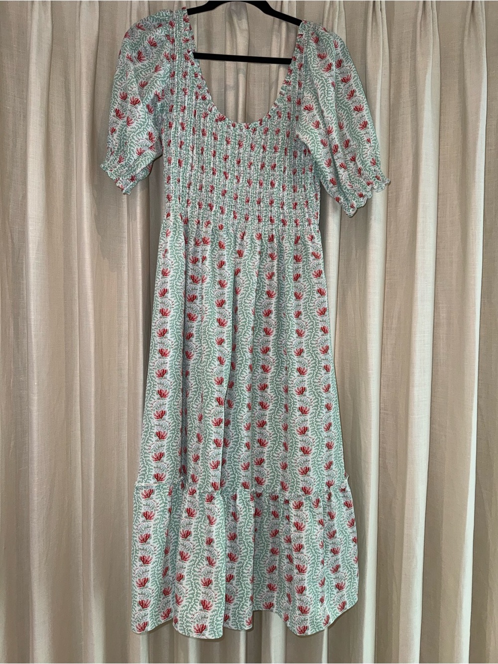Hill House Nap dress - Light Blue Floral Smocked Midi Dress with Puff Sleeves